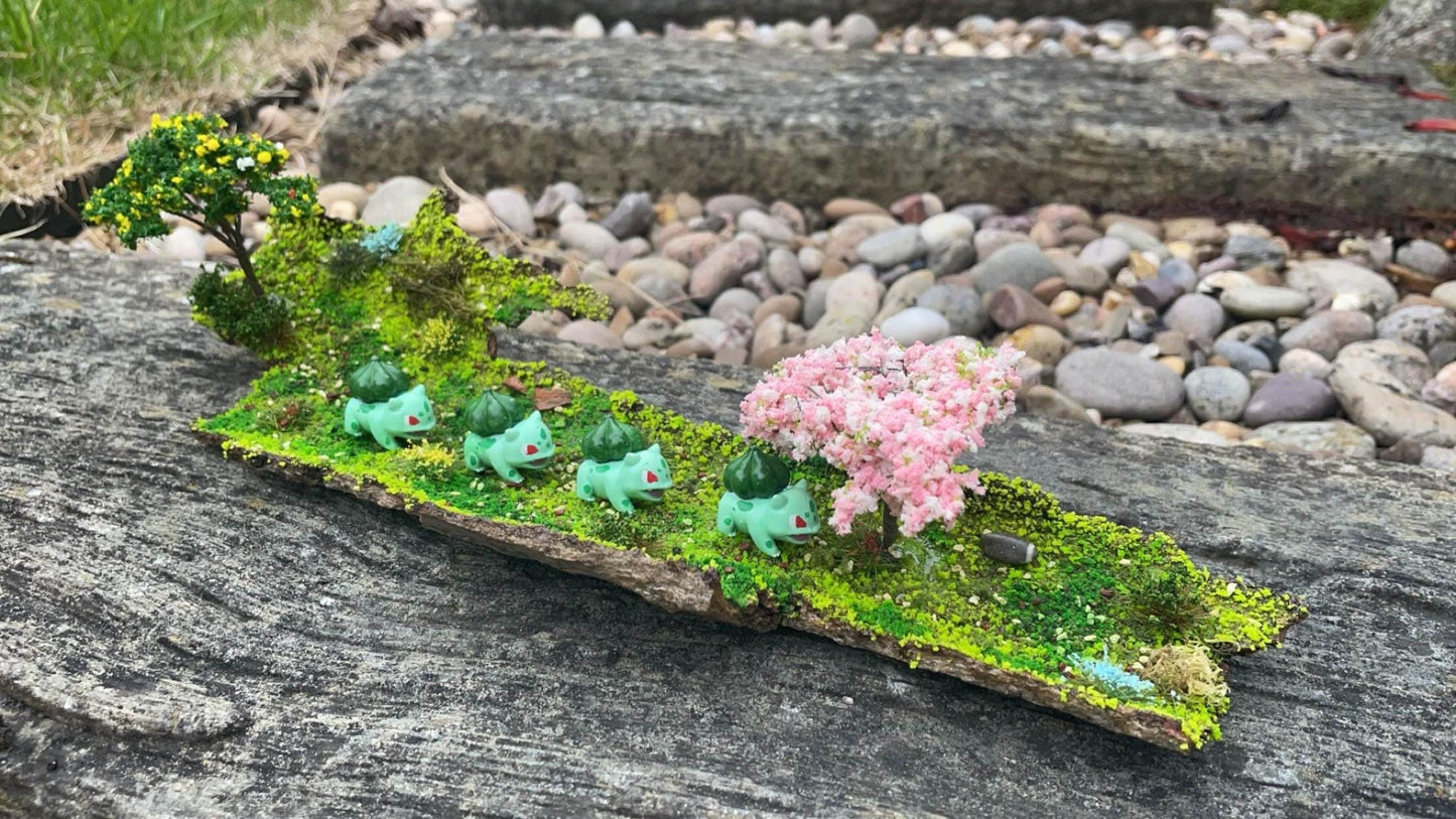 Handcrafted Pokémon dioramas on real bark | Unique scenes featuring various Pokémon | Perfect gift for Pokémon fans